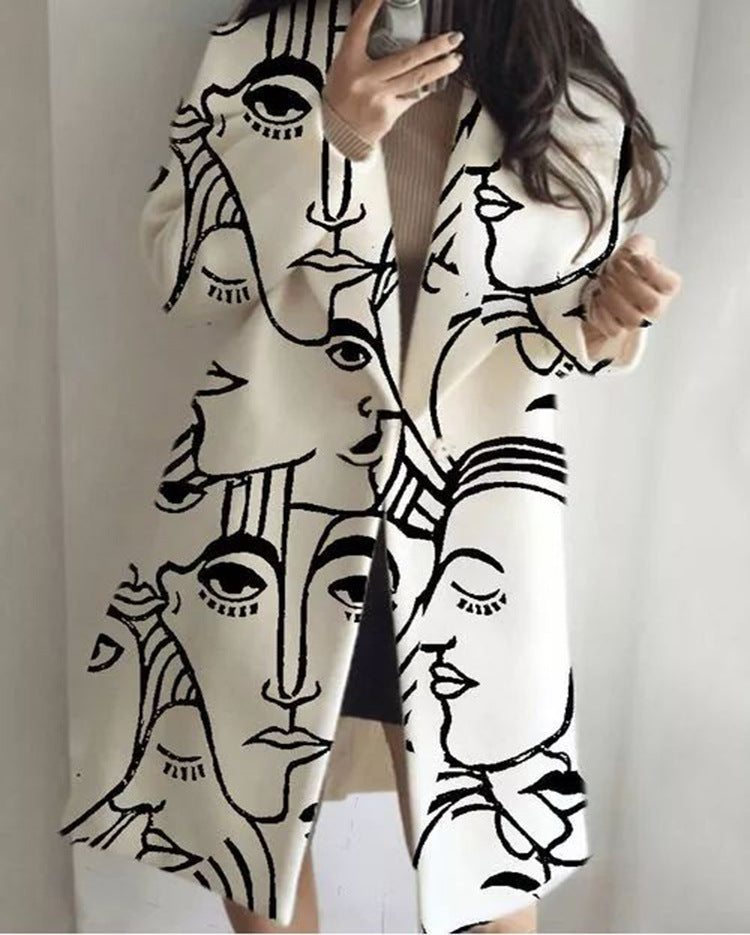 New Autumn Women's Long Sleeve Lapel Coat Printed Wool Long Coat