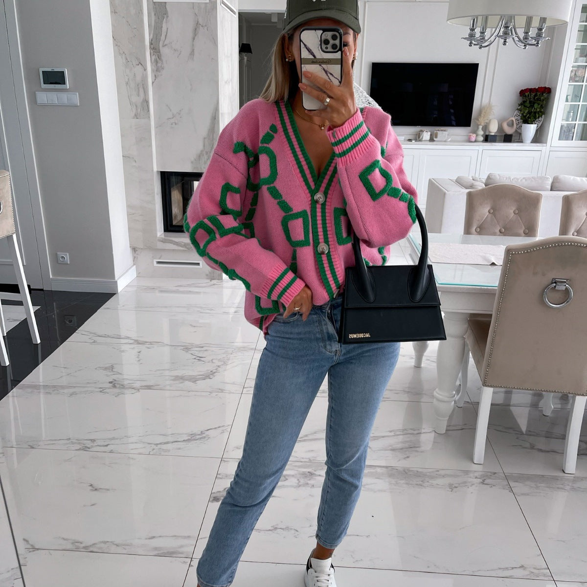 Autumn And Winter New Casual Color Contrast Letters Single-Breasted Long-Sleeved Sweater Cardigan Coat