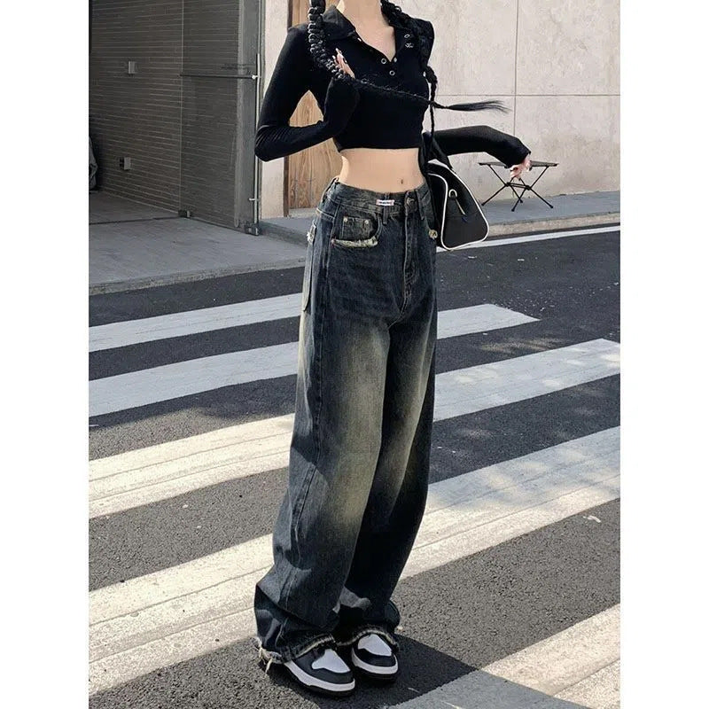 Retro Straight Leg Jeans Women's High Street High Waist Loose Slouchy Thin Mop Wide Leg Pants