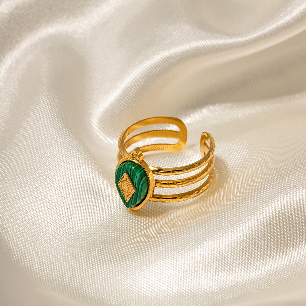5pcs 18K Gold Plated Stainless Steel Design Natural Malachite Ring Women Do Not Fade Jewelry