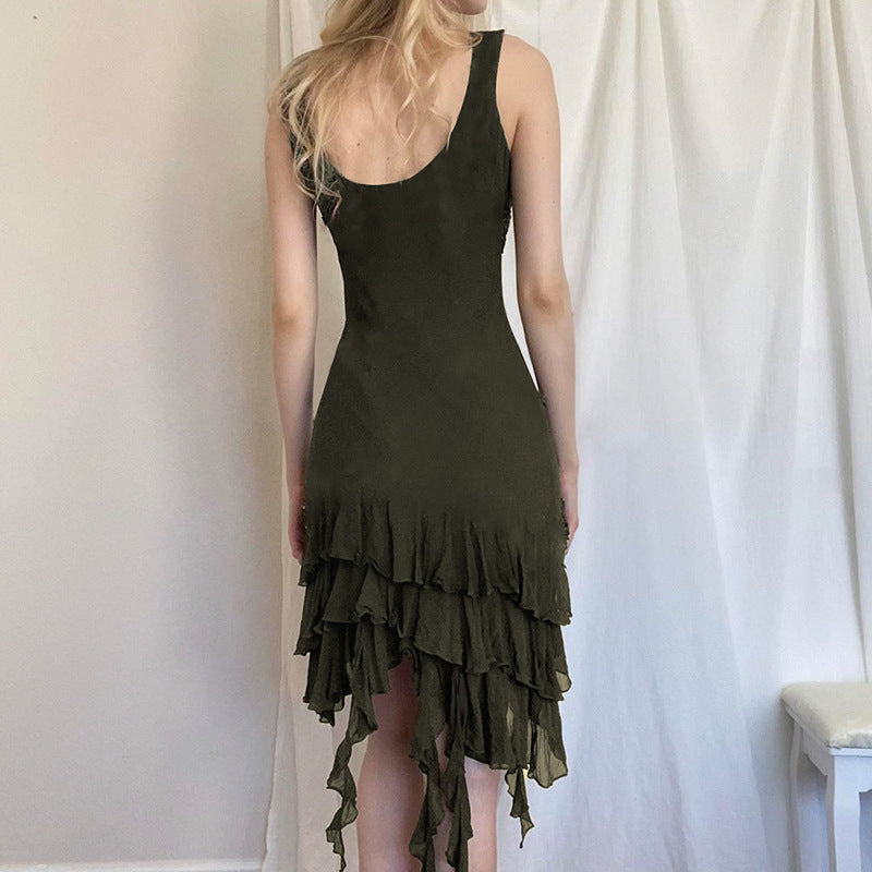 Waste Wind Flanged Irregular Halter Skirt Women's Long Layer Sense Waist Collection Bottom Dress