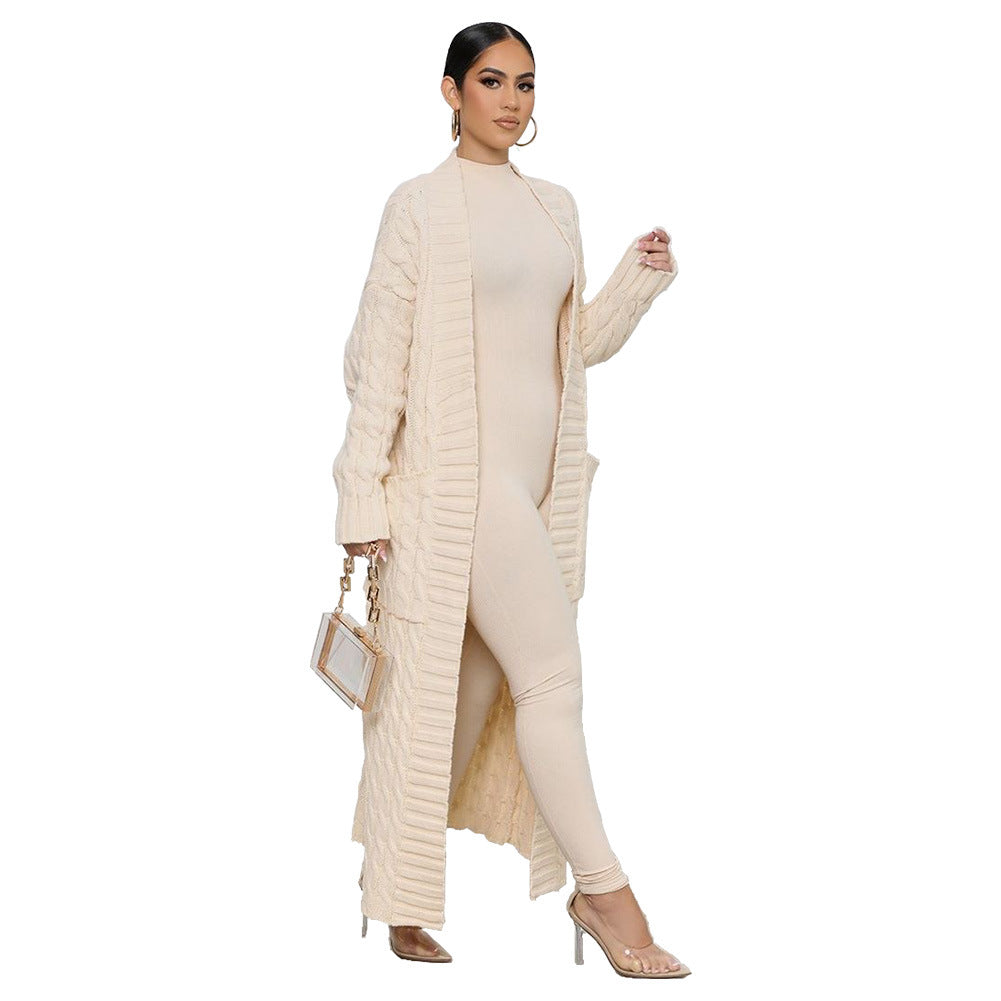 Women's Autumn And Winter New Loose Knit Cardigan Lazy Pocket Long Twist Sweater Coat