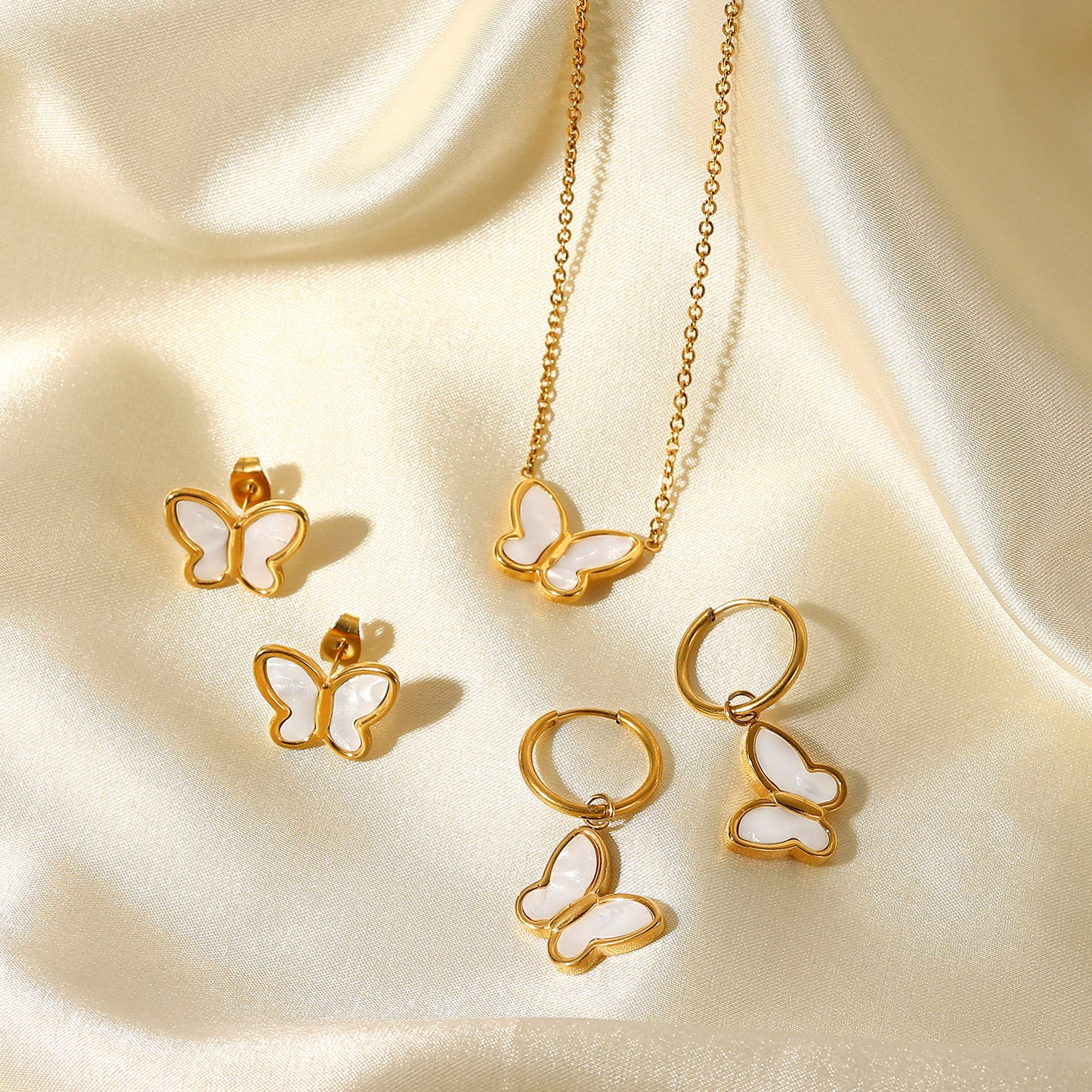 5pcs 18K Gold Natural White Shell Butterfly Shape Simple Stud Earrings 14K Gold White Shell Butterfly Gold Chain Stainless Steel Necklace
