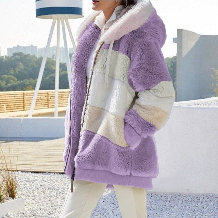 Autumn And Winter Warm Plush Patchwork Zipper Pocket Hooded Loose Coat Women