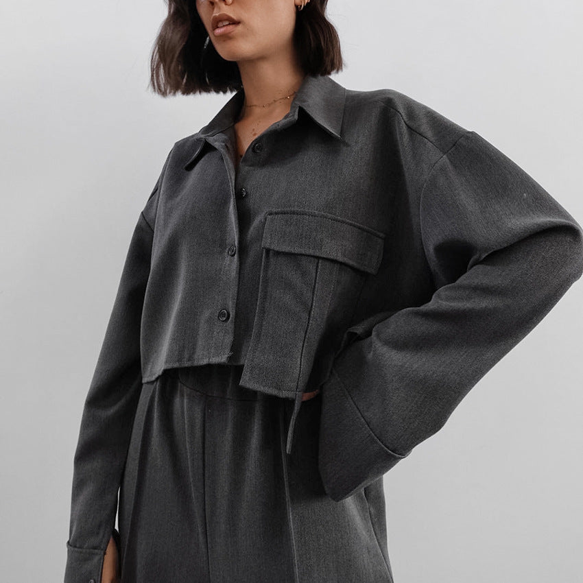 Retro Fashion Lapel Long Sleeve Crop Short Top High Waist Elastic Wide Leg Trousers Two-Piece Women's Set