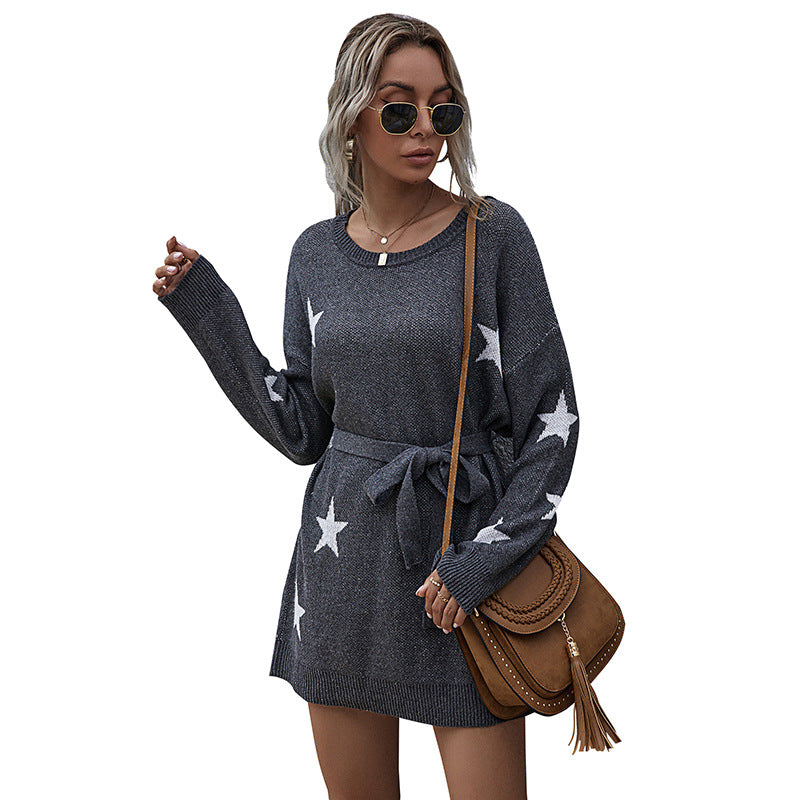 Women's Autumn Stars Splicing Round Neck Long Sleeve Round Neck Sweater Dress