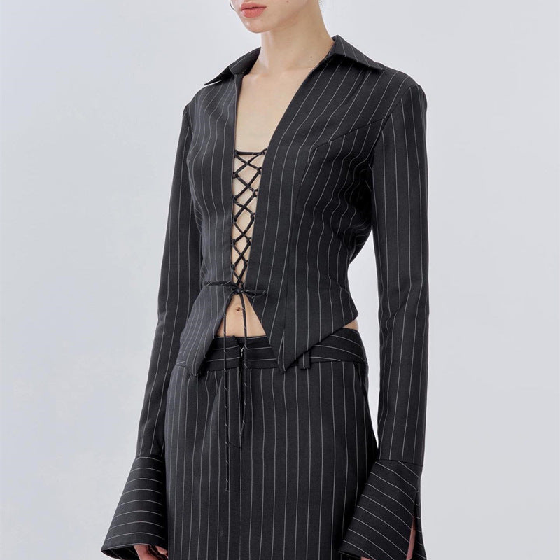 Women's Autumn New Sexy Temperament Satin Lace-Up Long Sleeve Top Fashion Skirt Suit