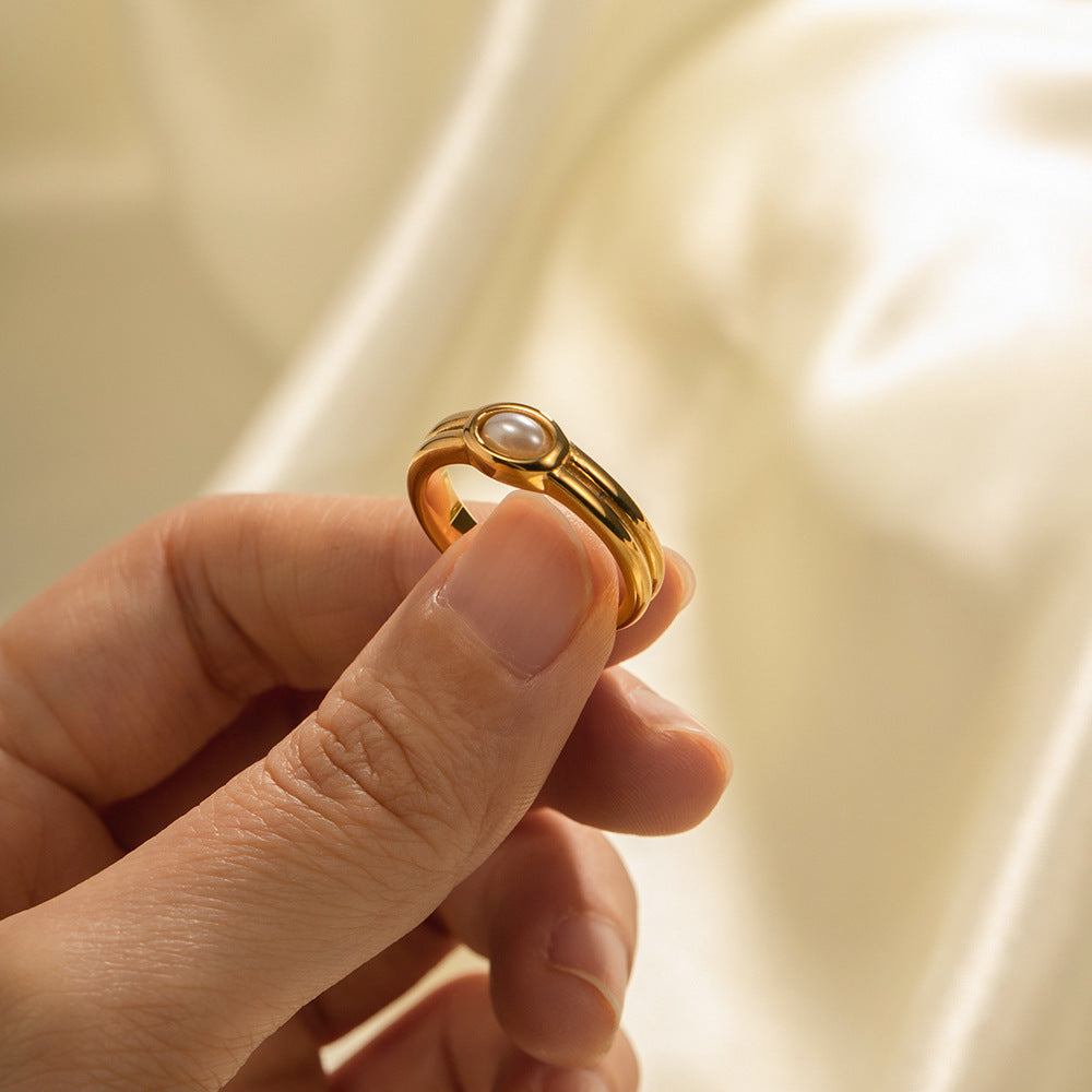 5pcs Double 18K Gold Stainless Steel Set Pearl Ring Not Fade All Match Stainless Steel Ring