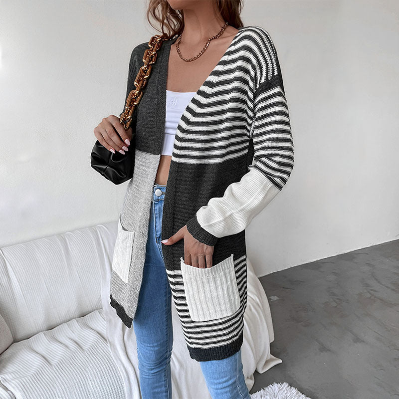 Autumn And Winter Women's Patchwork Striped Cardigan Sweater Coat