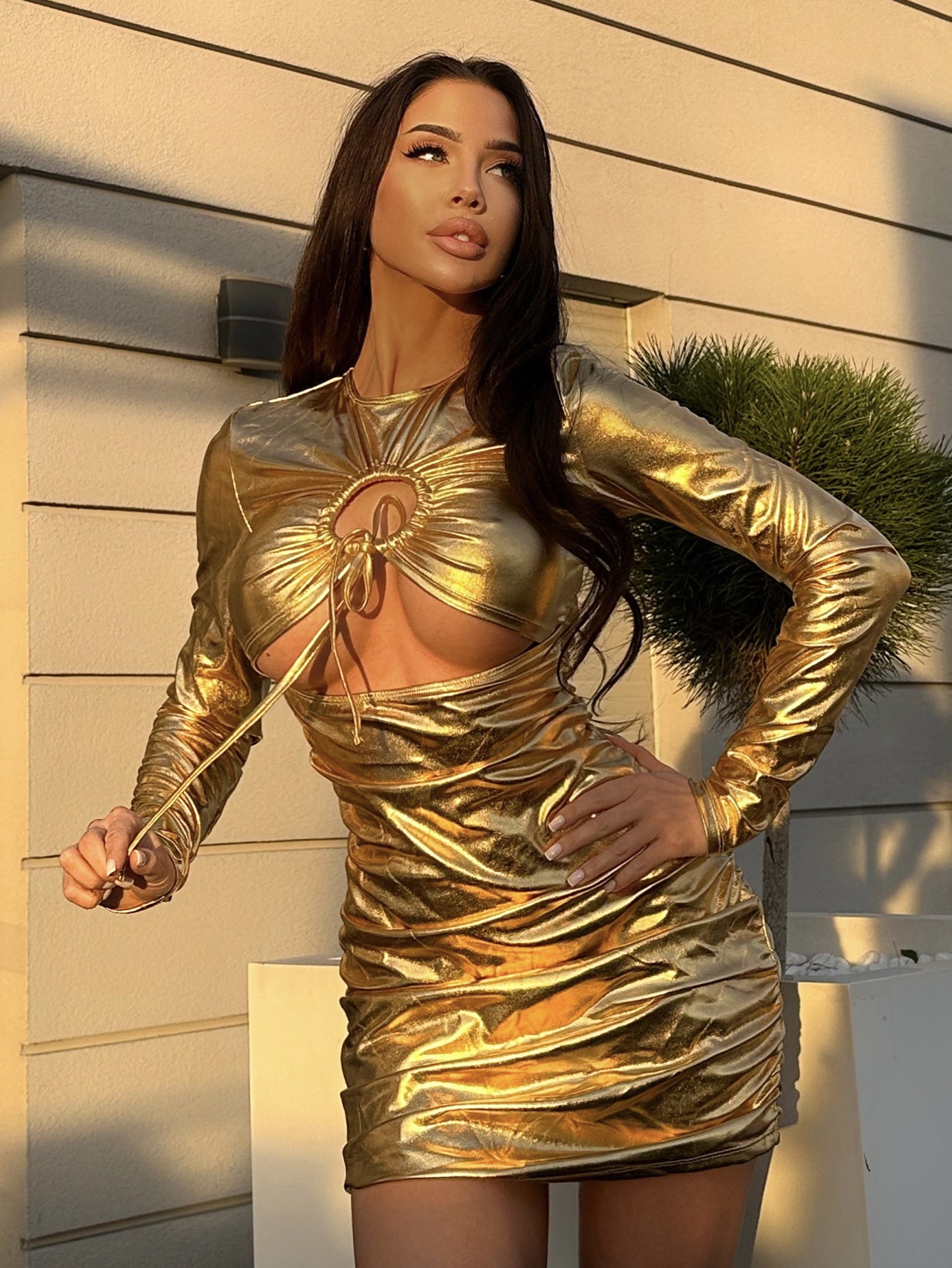 Spring Summer Dress Solid Color Hollow Slim Pleated Long Sleeve Waist Dress Female