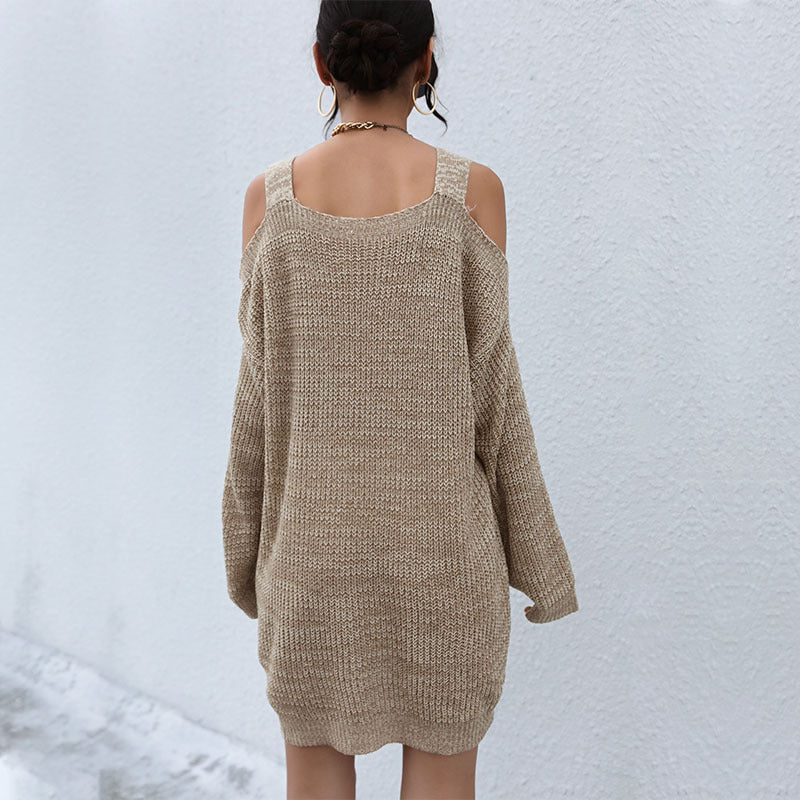 Spring And Autumn New Long Line Neckline Hollowed Out Shoulder Long Sleeve Jumper Solid Color Sweater Dress