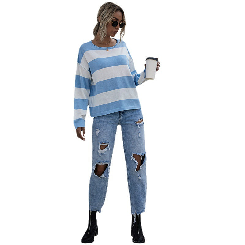 Stylish Women's Loose Crew Neck Striped Sweater