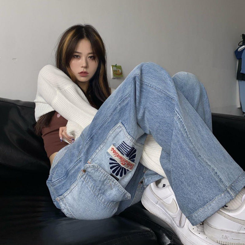 Vintage Pocket Wash Denim Couple Loose Matching Jeans
