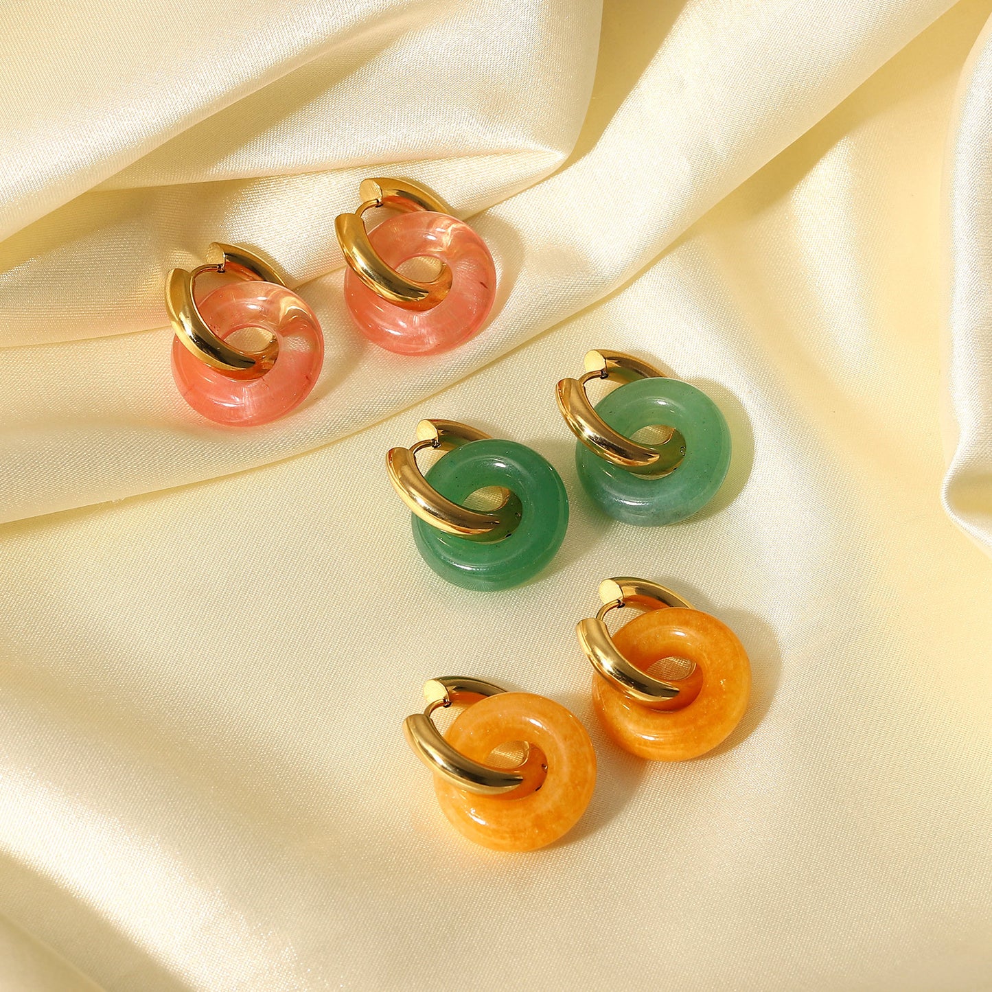 5pcs New Fashion Vintage Natural Stone Ring Earrings 14K Gold Plated Stainless Steel Earrings Style Earrings For Women