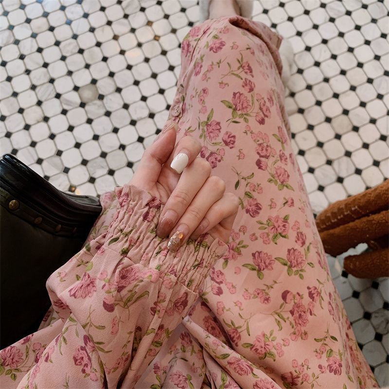 Spring Dress New Rose Tea Break Dress Flower Yao Print Temperament V-Neck Long Floral Dress Female