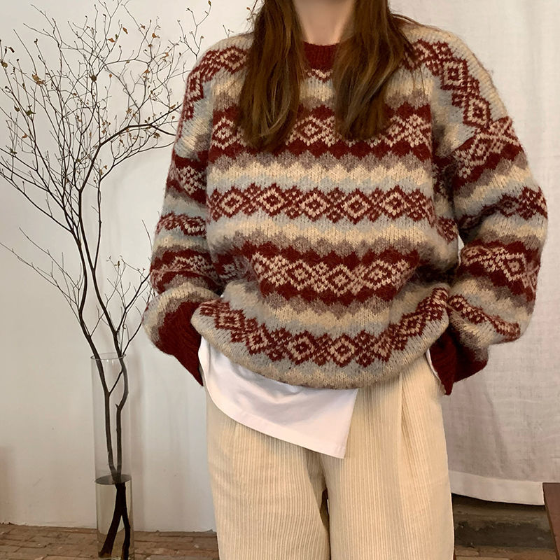 Christmas Lazy Sweater Female Autumn And Winter New Version Of Students Loose Pullover Round Neck Knitted Top Female