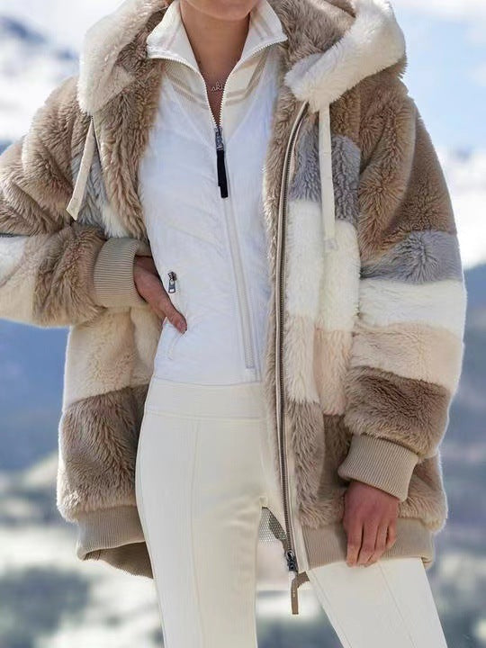 Autumn/Winter Warm Plush Patchwork Zipper Pocket Hooded Loose Coat For Women