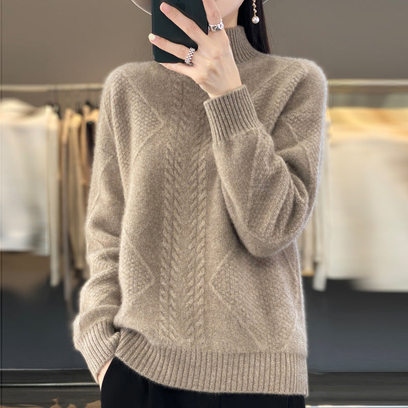 Diamond Twist Thickened Half Turtleneck 100 Woolen Sweater Women's Loose Pullover Long-Sleeved Base Sweater