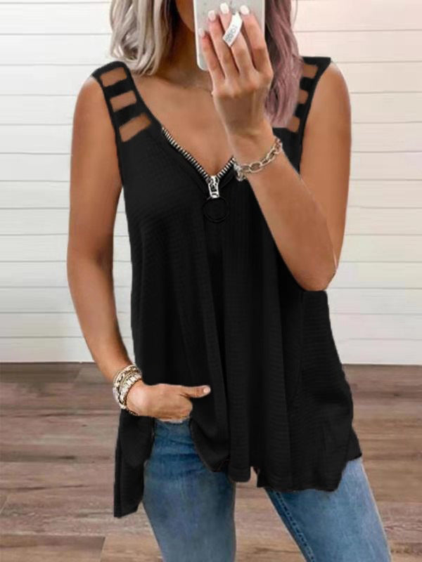 New Sexy V-Neck Zip-Up Sleeveless Vest Solid Color T-Shirt Woman