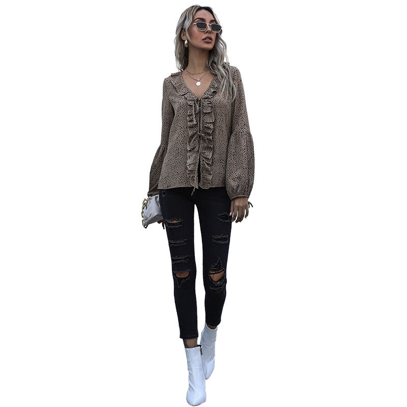 Wind Top Tie Loose V-Neck Long Sleeve Leopard Lace Shirt
