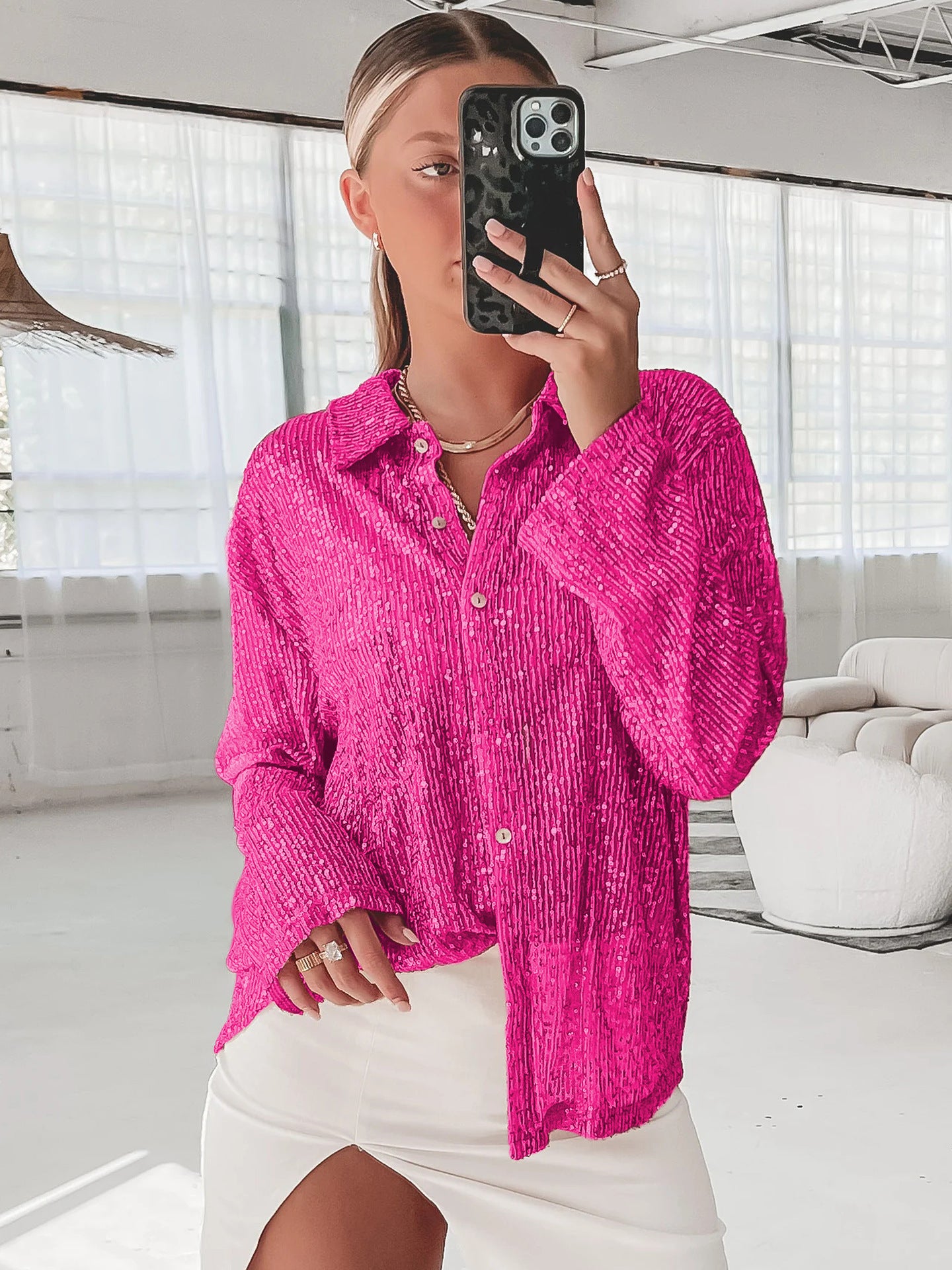 Autumn Beaded Shirt Sexy Women Spice Girls Solid Color Button Up Top Long Sleeve Sequin Cardigan