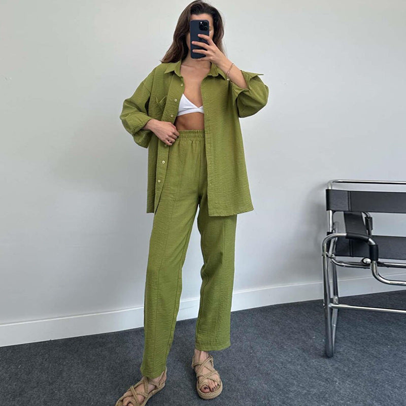Women's Autumn And Winter Long-Sleeved Shirt Folds Elastic Waist Trousers Elegant Two-Piece Set New