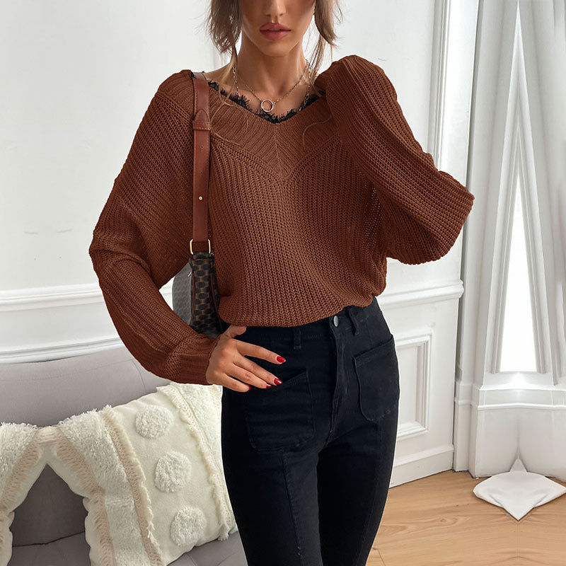 Autumn New Women's Stitching Lace Pullover Solid Color Knit Sweater Women