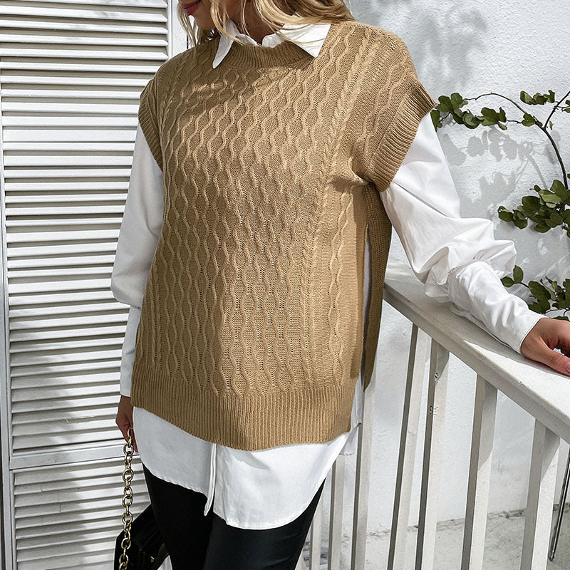 Early Autumn Fashion Women's Solid-Color Short-Sleeved Knitted Twist Sweater Vest Woman