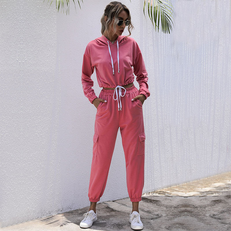 Women's Long-Sleeved Pink Crop Short Drawstring Hooded Sports Suit