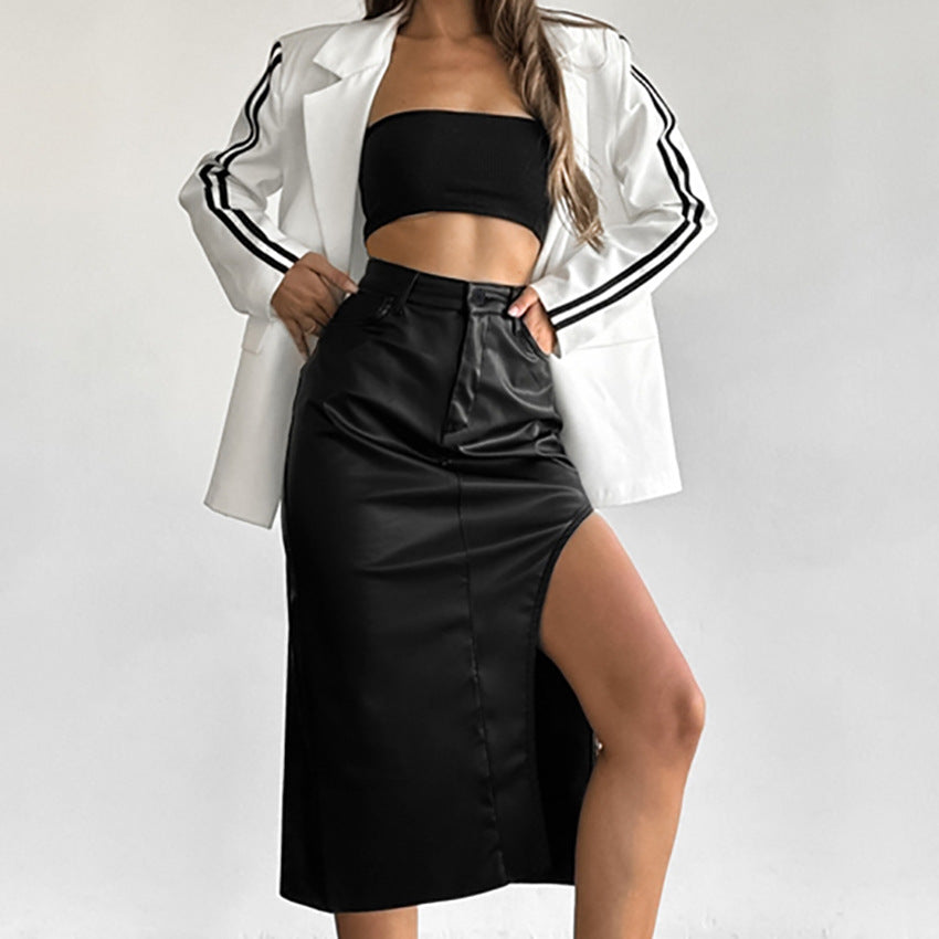 Khaki And Velvet Faux Leather Stretch Slit Skirt New Fall Fashion Women's Dress