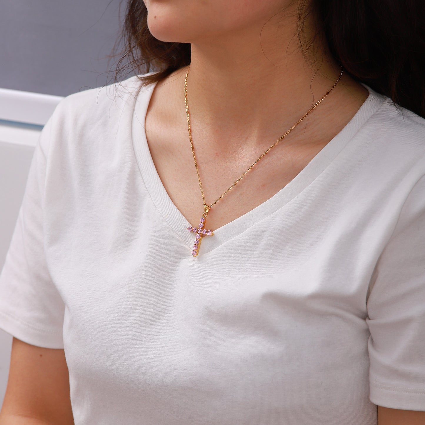 5pcs Accessories Popular Necklace 18K Gold Plated Stainless Steel Zircon Cross Pendant Necklace For Women