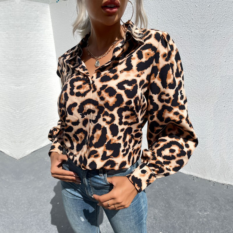 New Style Shirt Street Long Sleeve Lapel Leopard Print Shirt Woman
