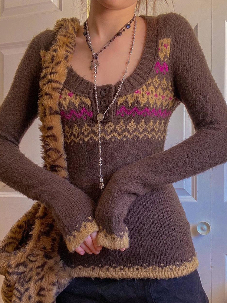 Women's Autumn And Winter New Slim-Fit Matching Color Crew-Neck Long-Sleeved Temperament Knit Sweater