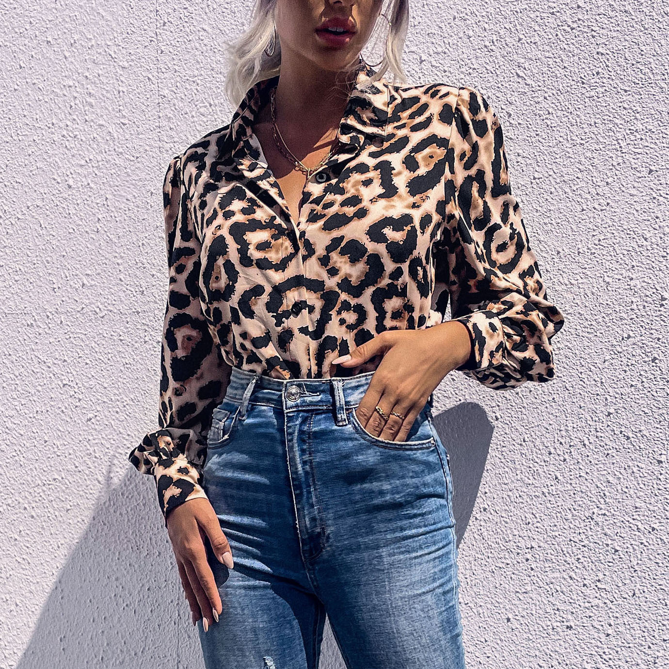 New Style Shirt Street Long Sleeve Lapel Leopard Print Shirt Woman