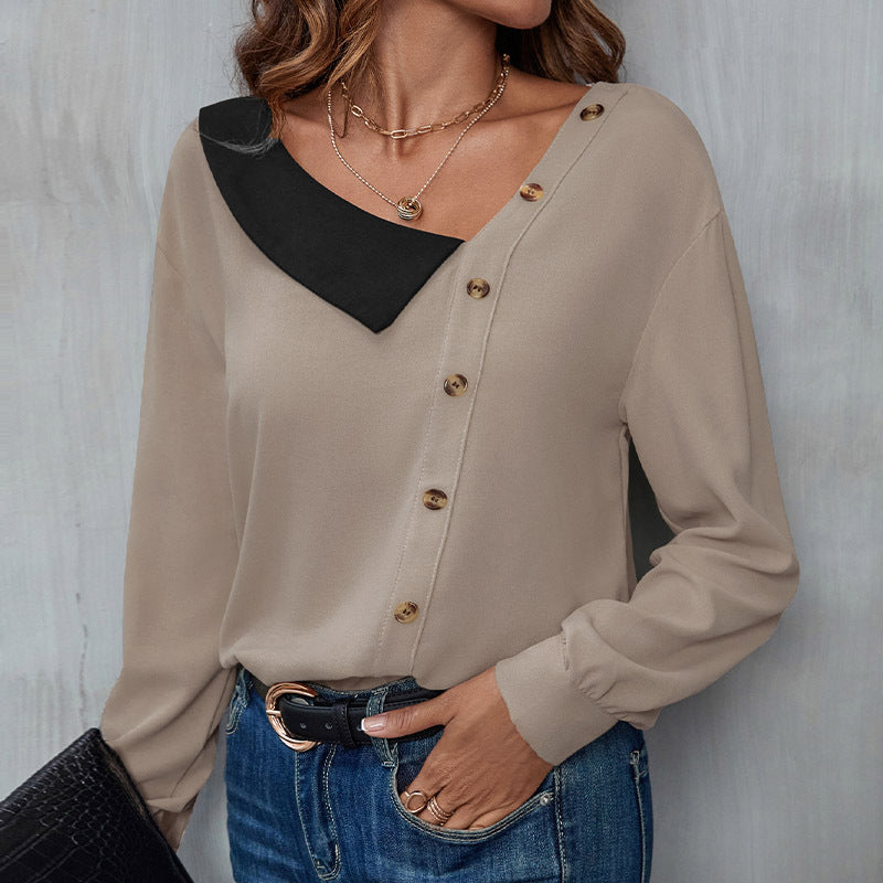 Loose Autumn New Button-Down V-Neck Long-Sleeved Knitwear Solid Color Blouse Blouse