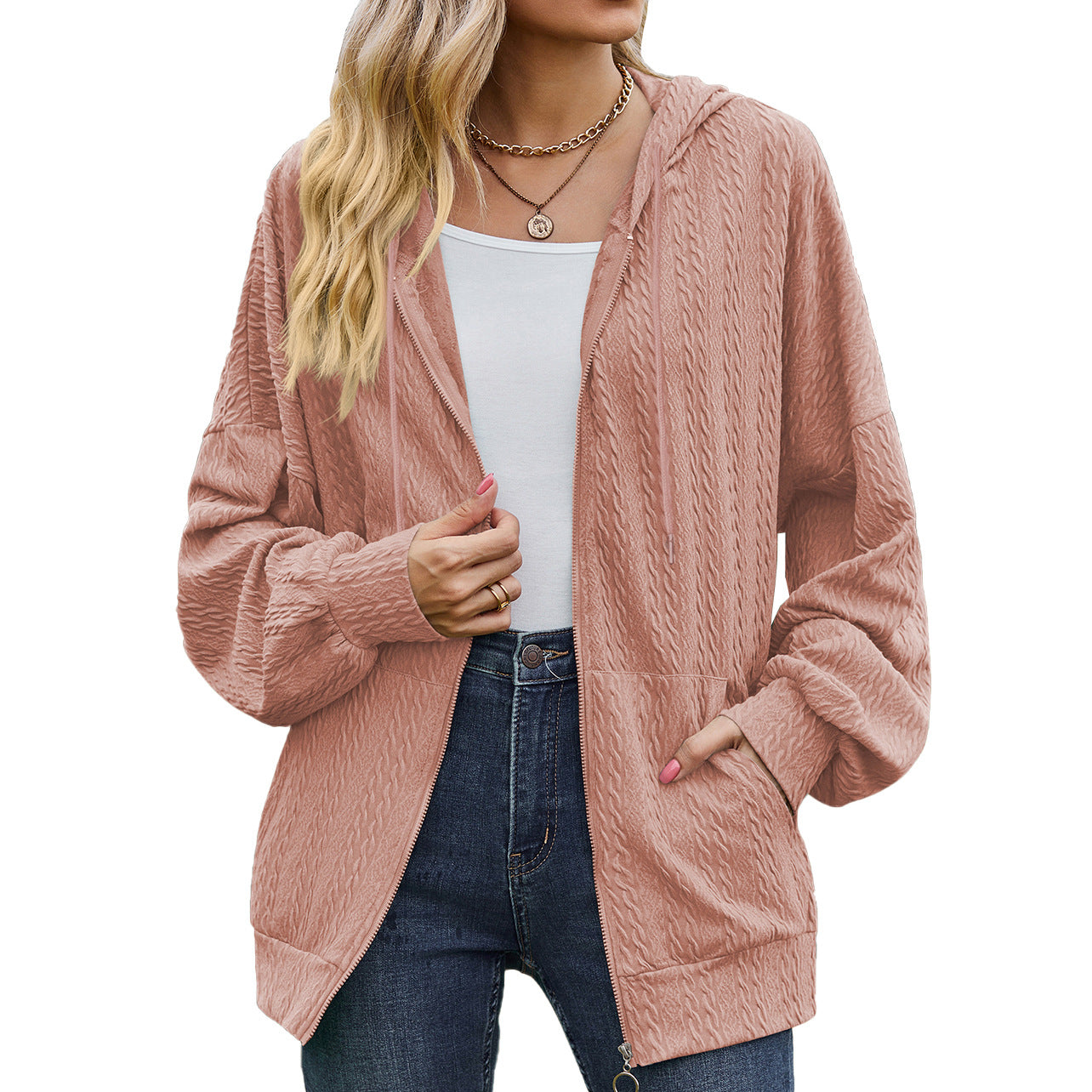 Autumn And Winter New V-Neck Zipper Solid Color Long Loose Hoodie Coat Women