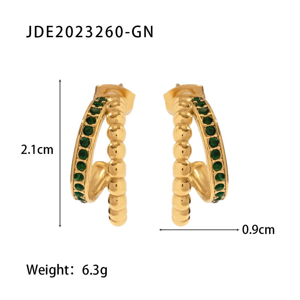5pcs 18K Gold Plated Stainless Steel Fashion Matching C-Shaped Double Gold Beads Inlaid With Green Diamond Earrings Jewelry Women
