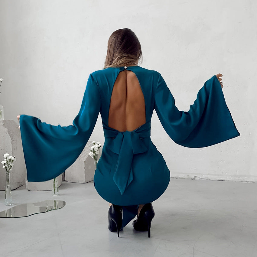 Blue Imitation Acetic Acid Color Ding Sexy Deep V Flared Sleeve Dress Spring Summer New Fashion Woman