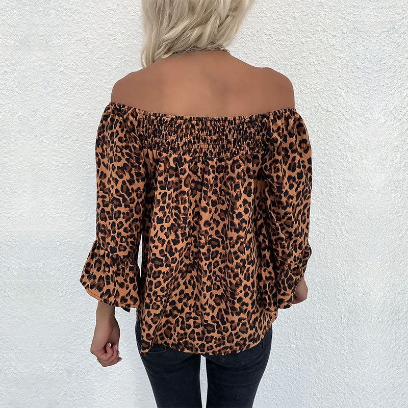 Autumn New Women's Loose One-Line Shoulder Pullover Bottom Leopard Print Chiffon Shirt