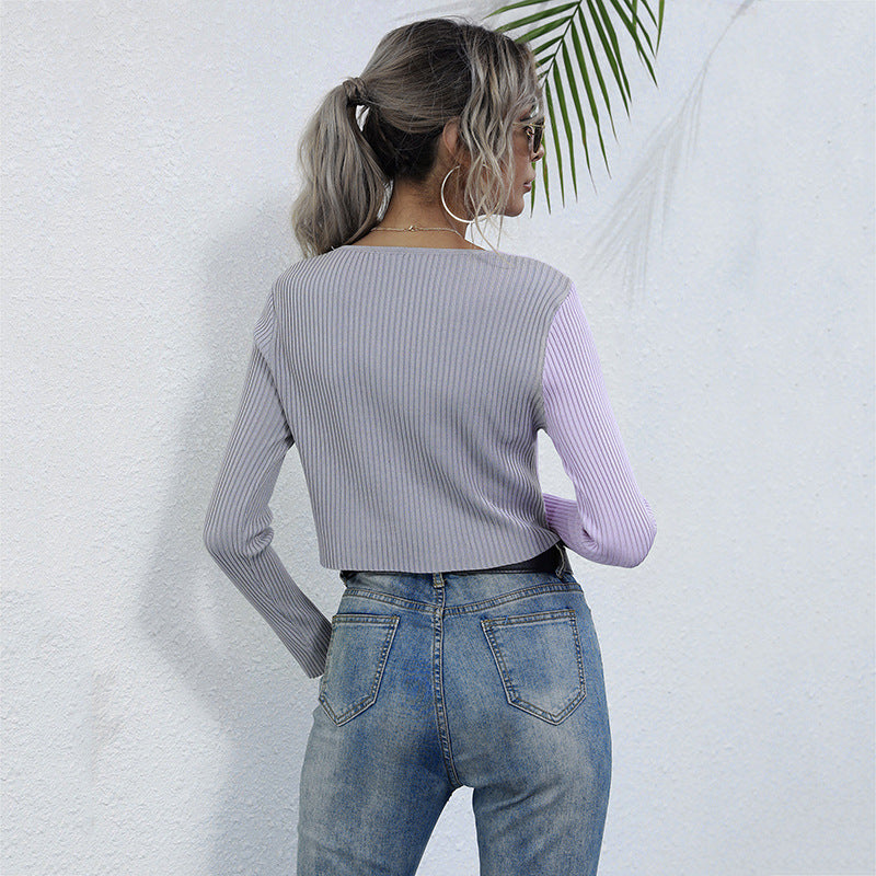 Autumn Slim-Fit Crop Color Cardigan Long-Sleeved Knitted Short Coat Female