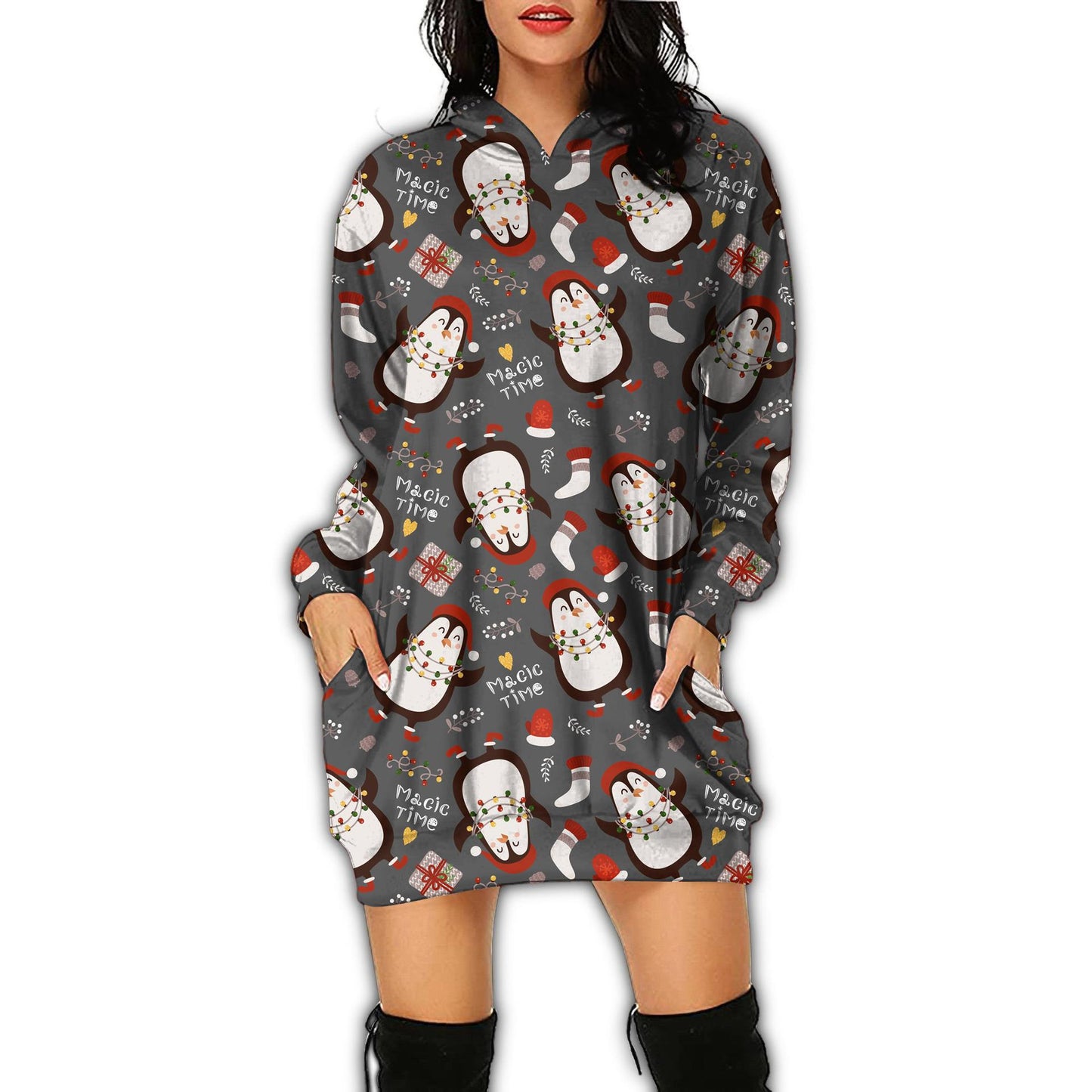 Autumn Women's Print Casual Long-Sleeved Hoodie Dress Christmas Holiday Party Dress