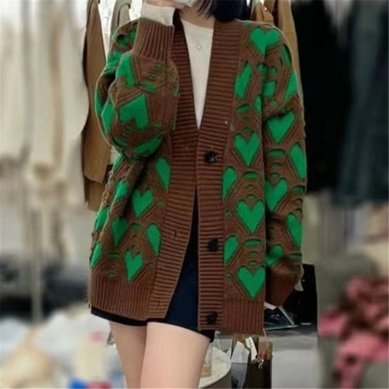 Wind Sweater Female Autumn And Winter New Loose And Lazy Wind Love Version Of Combination Color Hollow-Out Sweater Female Blouse