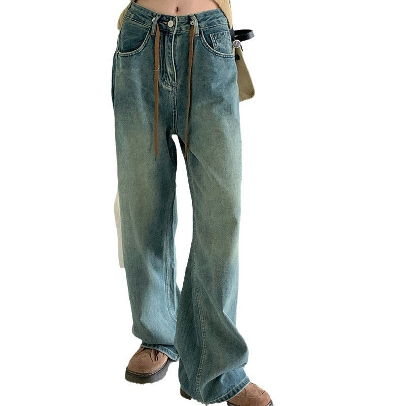 Real Autumn And Winter New Retro Retro Drawstring Cowboy Straight Barrel High Waist Wide Leg Mop Trousers