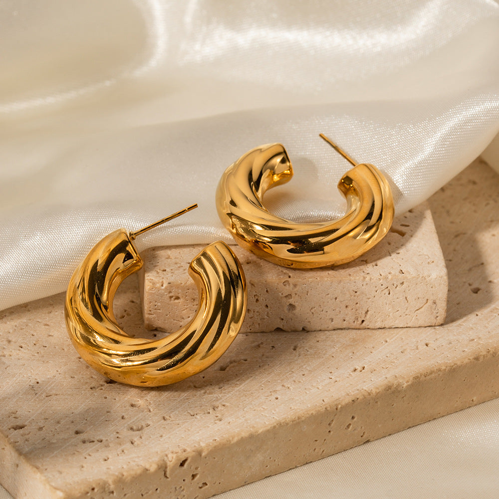 5pcs New Geometric Titanium Steel Earrings 18K Gold Plated Stainless Steel Bevel Ribbed C-Shaped Earrings For Women