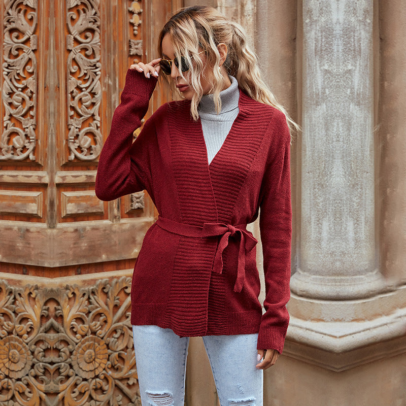 Women's Autumn Red Loose Long-Sleeved Preppy Sweater Coat