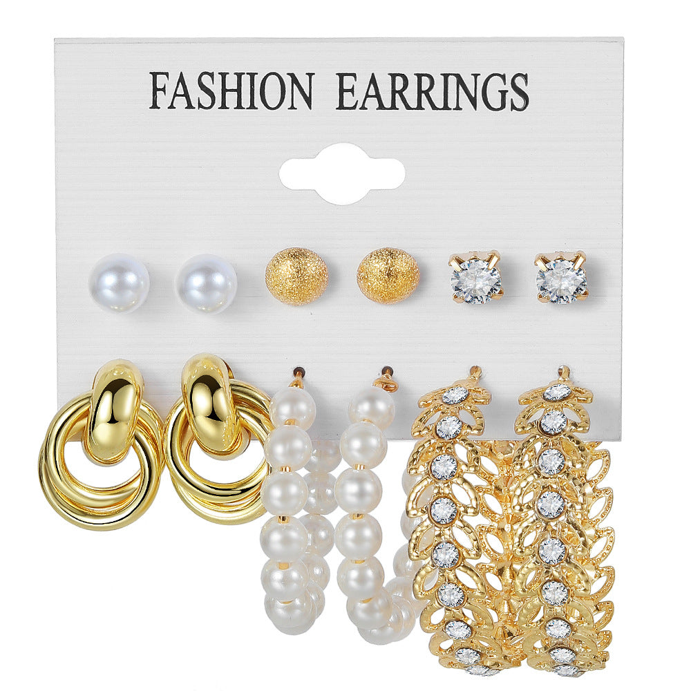 5 Sets New Pearl Earrings Set for Women Retro Metal Geometric C-Shaped 5 pairs Earrings
