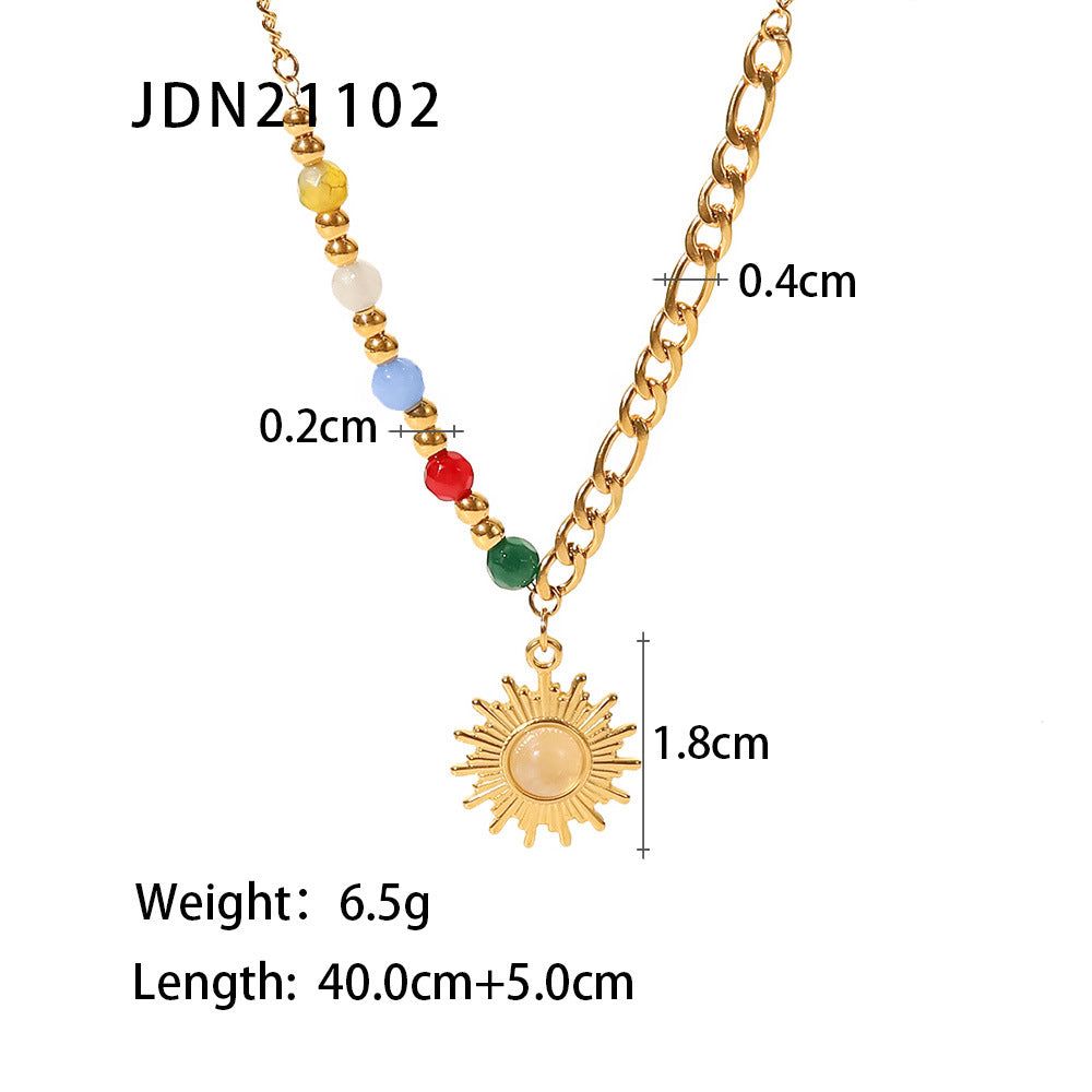 5pcs New Titanium Steel Pendant Necklace 18K Gold Natural Stone Cat's Eye Sun Pendant Colored Stone Necklace