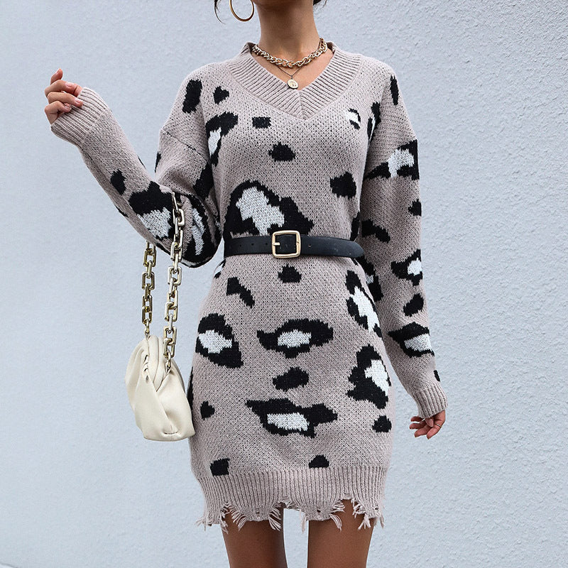 Autumn and Winter Fashion Knitted Leopard Print Sweater Dress: Long Sleeve, V-Neck, and Effortless Style