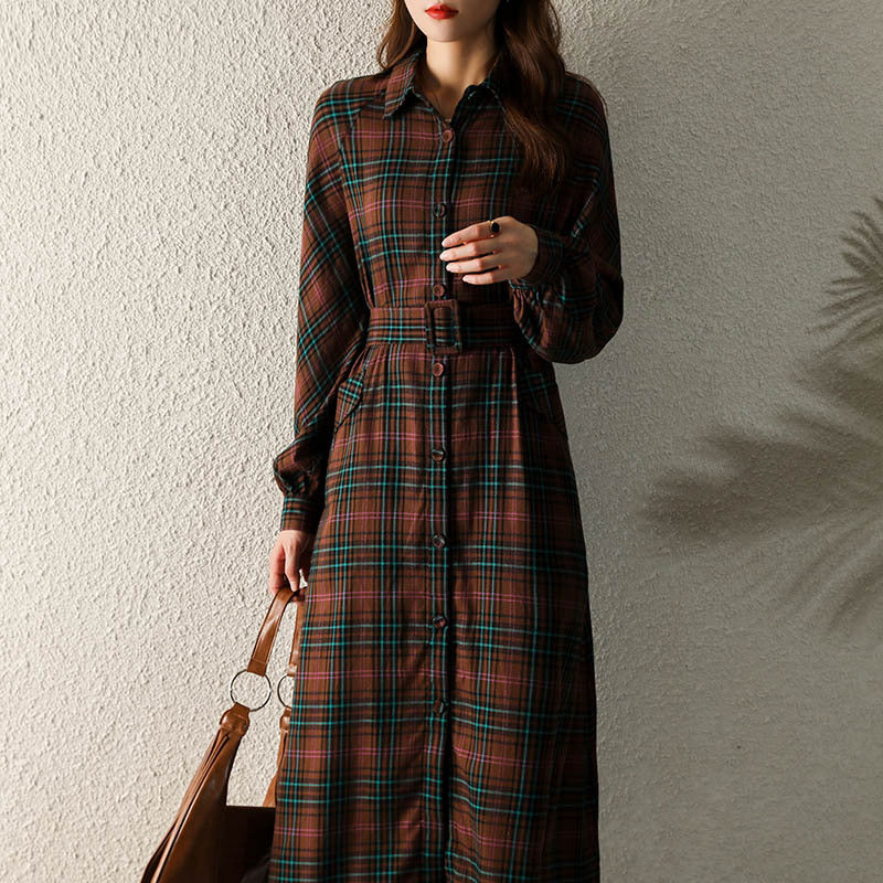Fleece Plaid Lace-Up Waist Display Two Kinds Of Wear Coat Retro Dress
