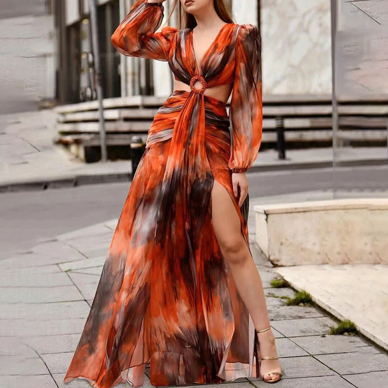 Sexy Holiday Wind Seaside Party Dress New Fall Deep V-Neck Long Sleeve Halter Halter Dress Woman